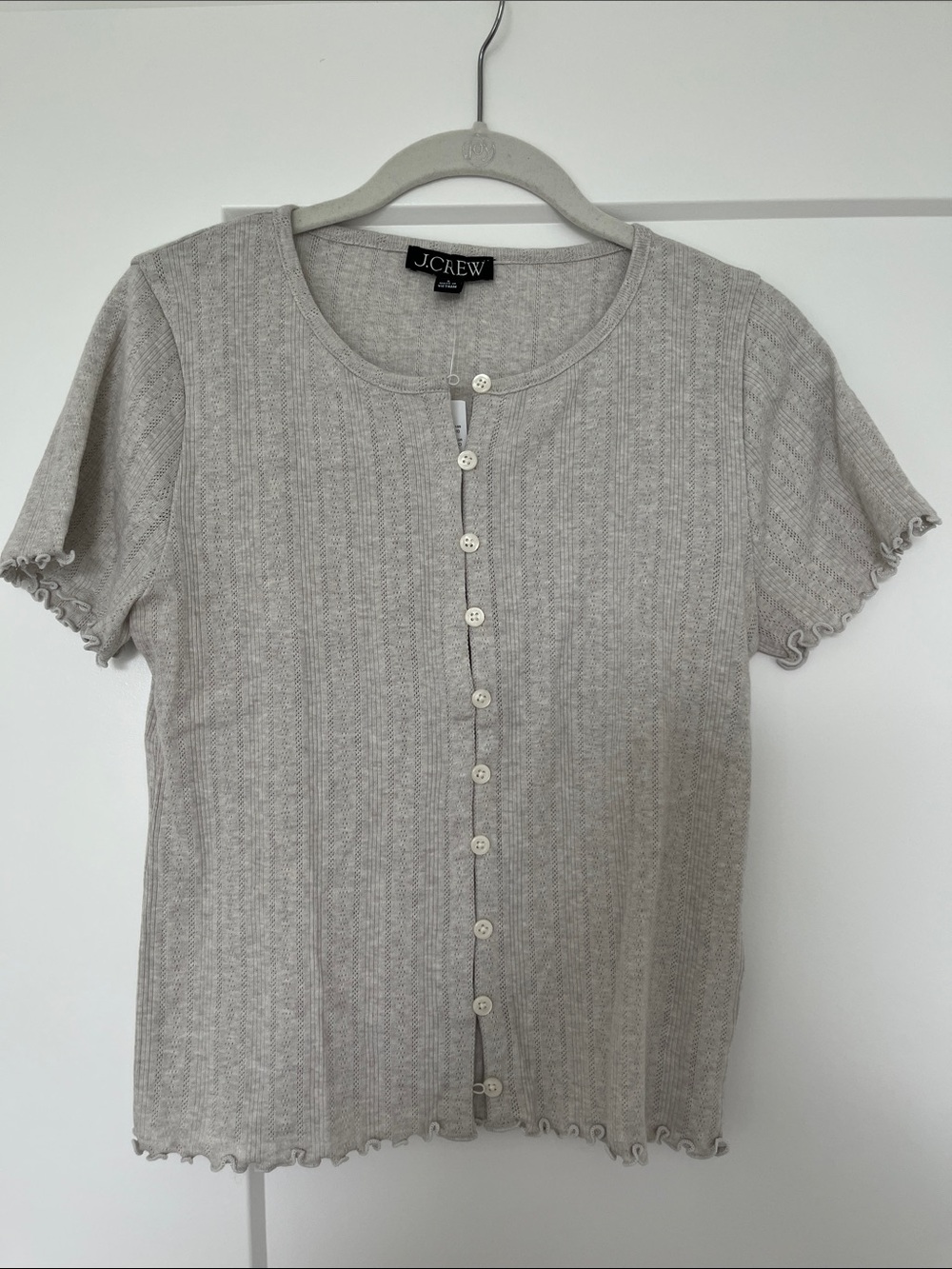 NWT J.Crew Light Gray Short-Sleeve Button Front Pointelle Top